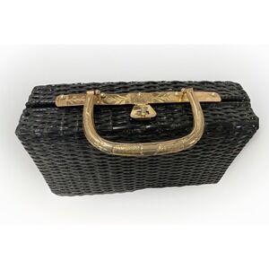 Vintage Basket Weave Purse "Guild Creations" British Hong Kong Black Gold Handle